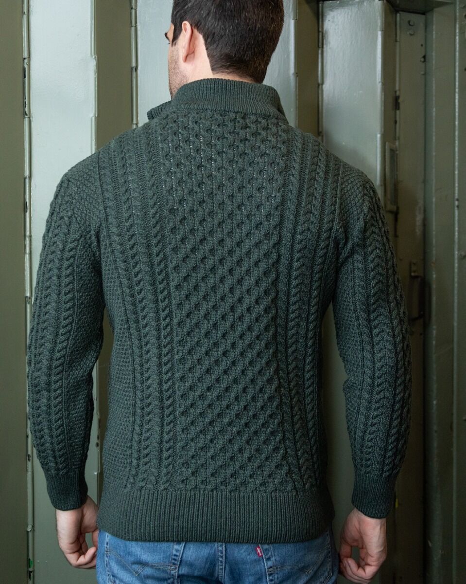 Mens Aran Half Zip Neck Sweater Army Green - My Store