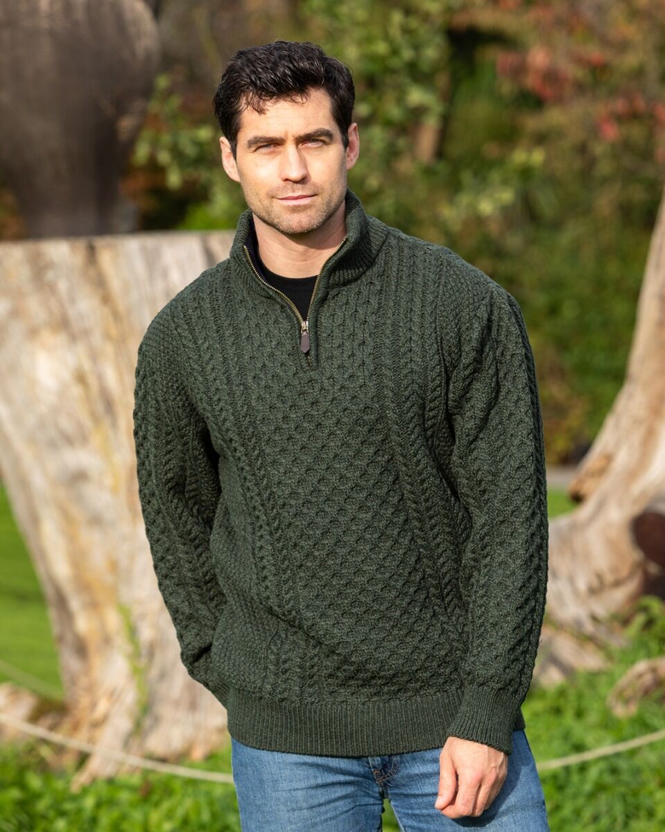Mens Aran Half Zip Neck Sweater Army Green - My Store